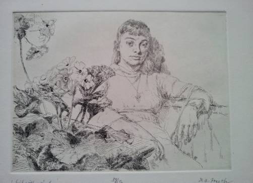 Hubert Andrew Freeth etching `Girl with primulas`, English